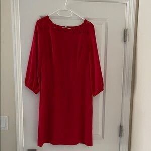 Talbots Red Long-Sleeve Shift Dress with Embellished Neckline
